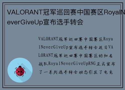 VALORANT冠军巡回赛中国赛区RoyalNeverGiveUp宣布选手转会